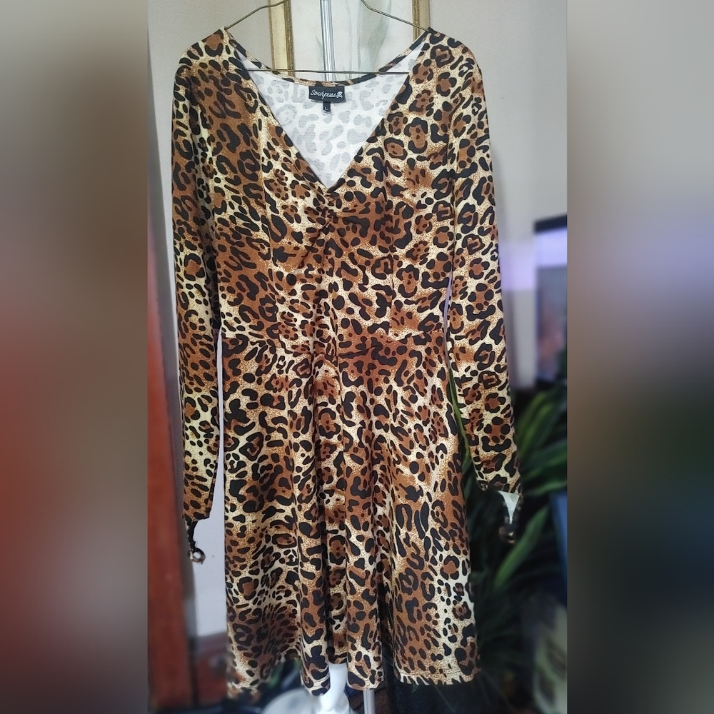 SOURPUSS | Leopard Print V-Neck Dress Size Large